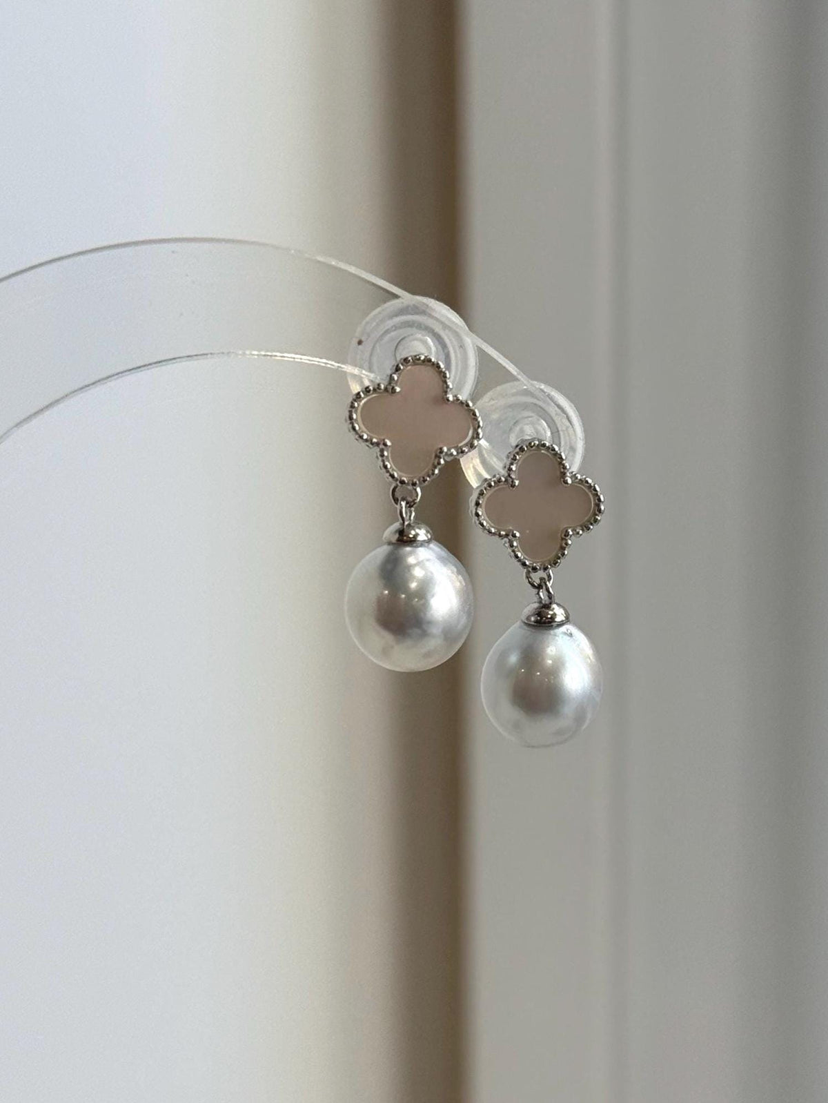 Australian silver-white South Sea pearl drop earrings with clover sterling silver settings.