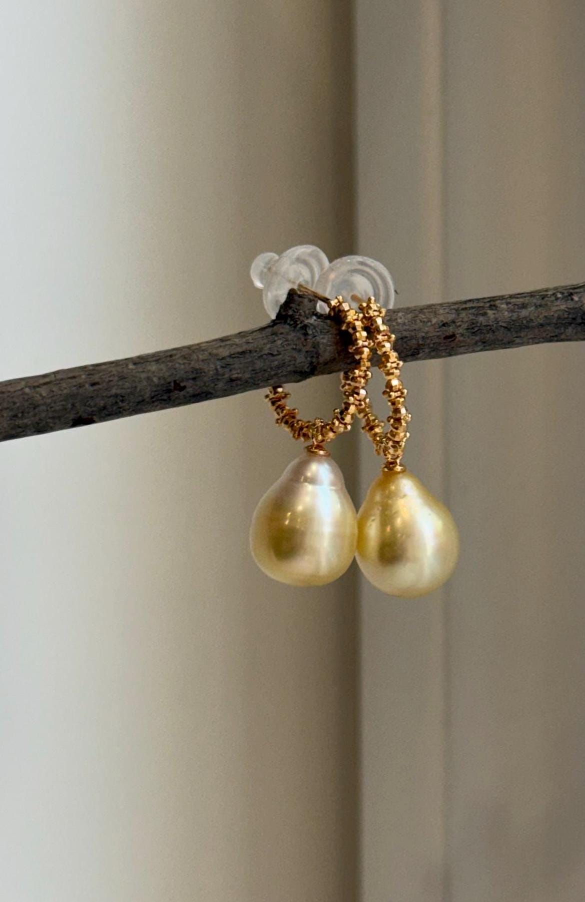 Lustrous golden ocean pearl earrings with silver hook fittings.