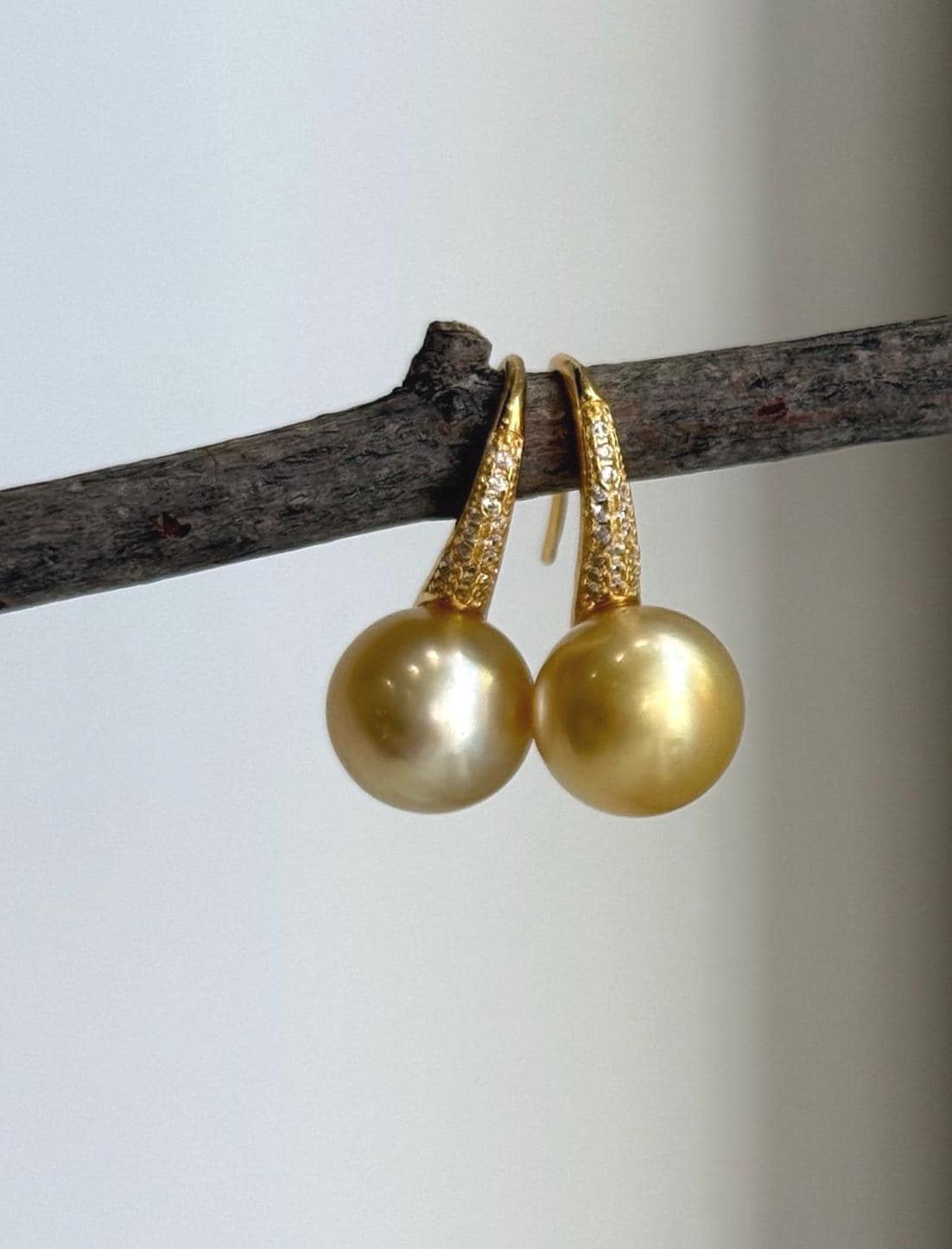 Rich golden South Sea pearls in a simple dangling earring design.
