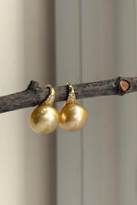 Deep tea gold South Sea pearl drop earrings with high-heel style S925 sterling silver hooks.