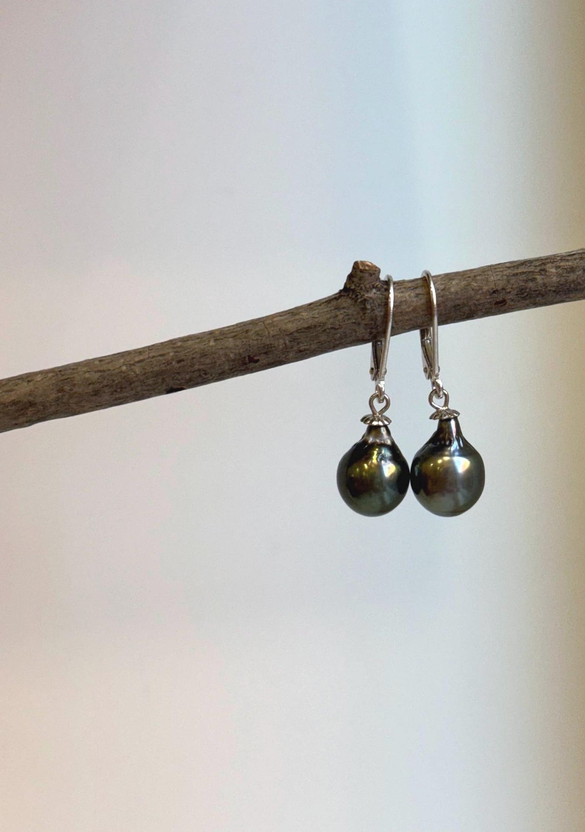 Genuine Tahitian pearl drop earrings with mirror-like reflections and peacock coloring.