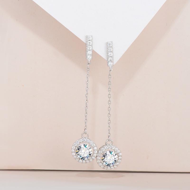 Moissanite halo chain drop earrings with round center stones and S925 sterling silver settings.
