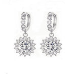 Moissanite floral halo drop hoop earrings with round center stones and S925 sterling silver settings.