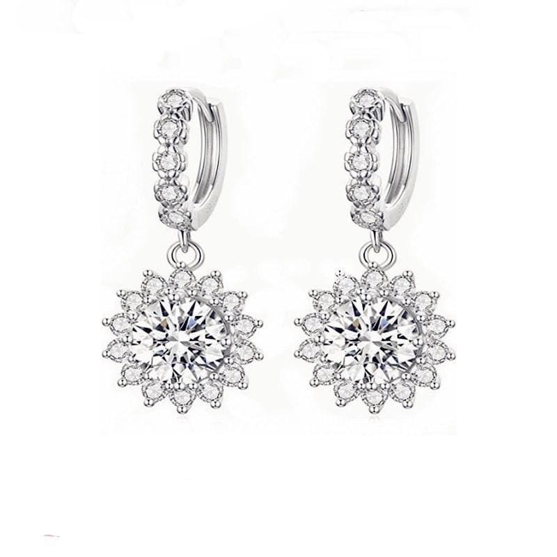 Moissanite floral halo drop hoop earrings with round center stones and S925 sterling silver settings.
