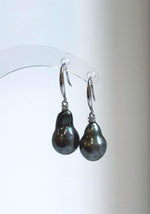 Peacock hunter green Tahitian pearl drop earrings
