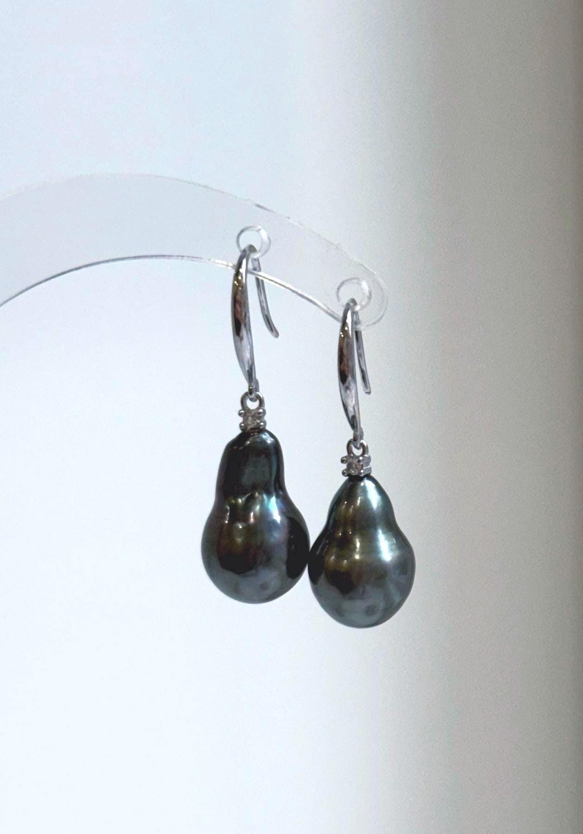 Peacock hunter green Tahitian pearl drop earrings