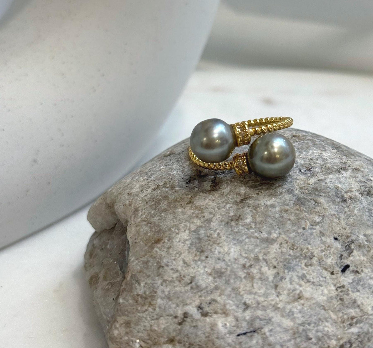Two mirror-luster taupe pearls paired in an adjustable S925 silver ring.