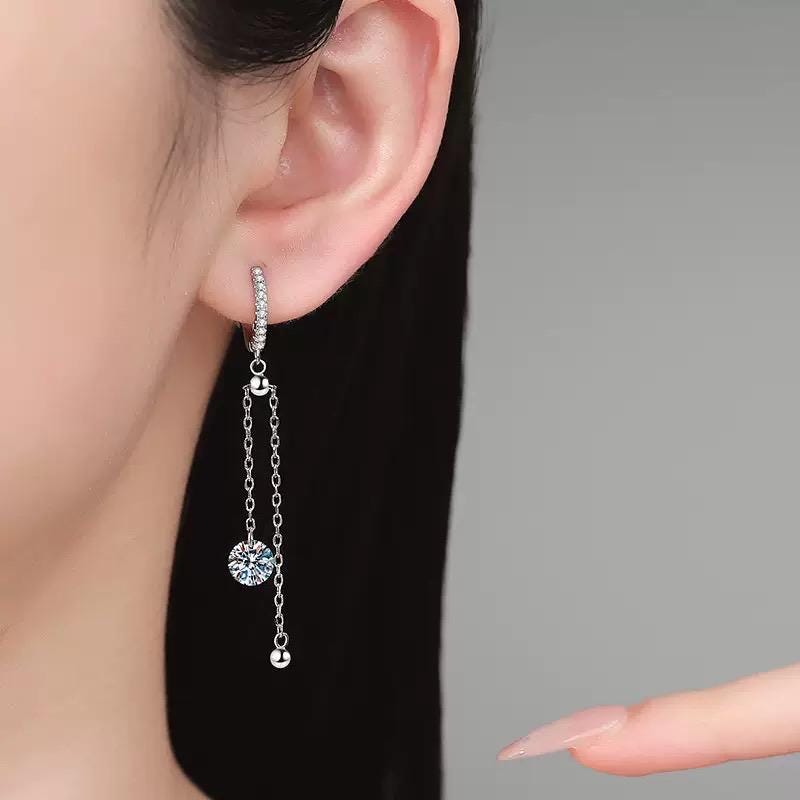 Moissanite hoop earrings with delicate dangling chains and silver bead ends