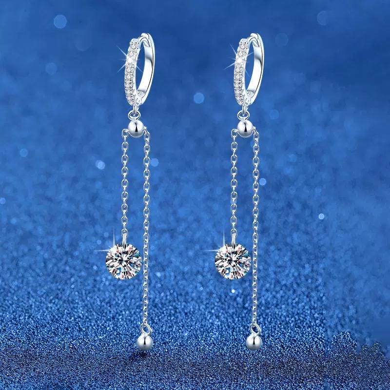 S925 sterling silver hoop earrings with round moissanite and adjustable chain drops