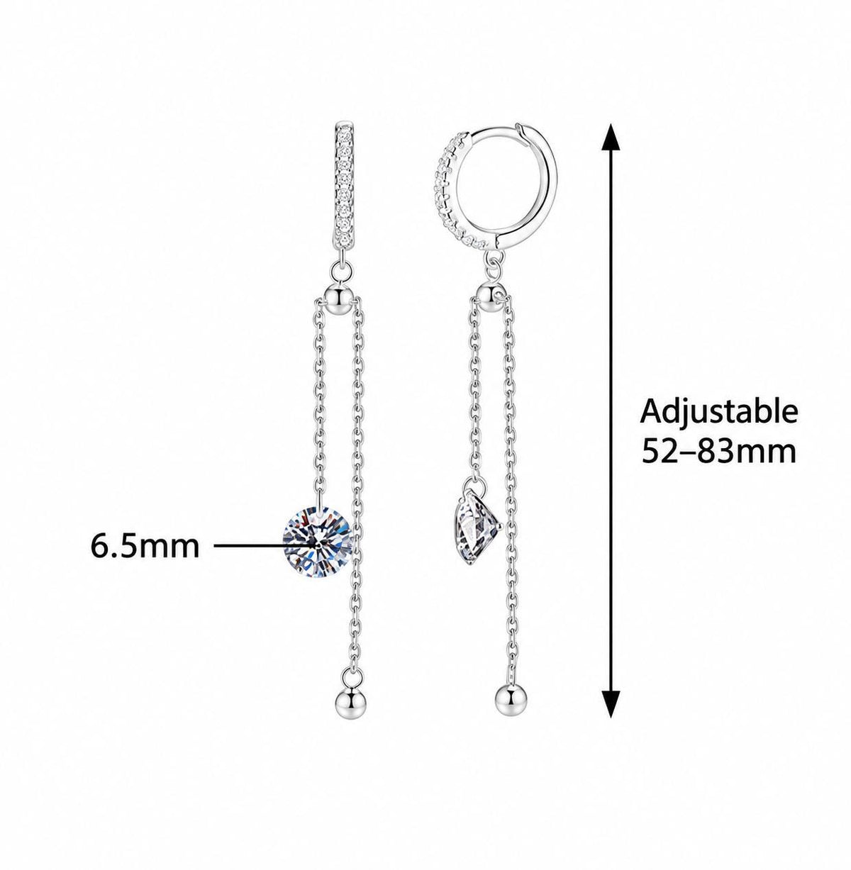 Long silver earrings featuring 6.5mm round moissanite center stones