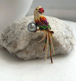 Gold-tone parrot brooch pendant accented with colorful enamel and a saltwater pearl.