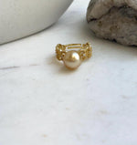 Adjustable gold-plated sterling silver ring featuring a deep tea-gold South Sea pearl measuring 10.2mm.