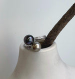 Double Tahitian pearl ring with 8.7–9.2mm taupe green saltwater pearls in adjustable S925 sterling silver.