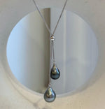 Double Tahitian pearl pendant and chain set in S925 sterling silver with mirror luster.