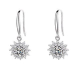 Moissanite floral drop earrings with round center stones, sparkling halos, and S925 sterling silver hooks.
