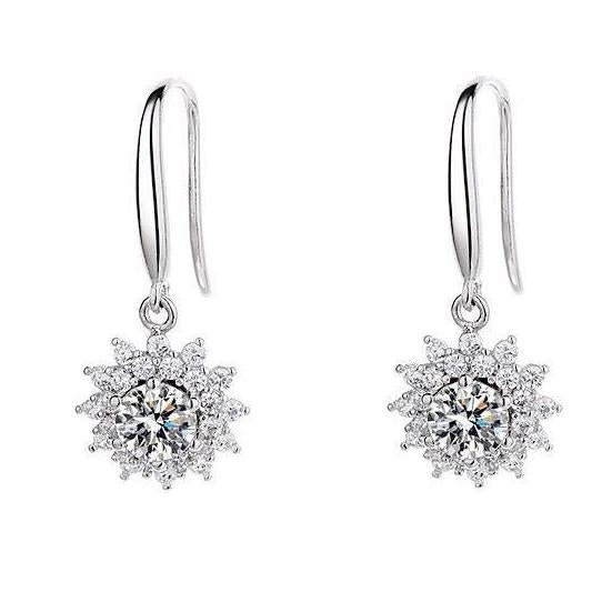Moissanite floral drop earrings with round center stones, sparkling halos, and S925 sterling silver hooks.