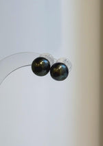 Dark green Tahitian pearl earrings displaying blue and bronze overtones.