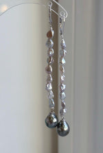 Green Tahitian pearl chandelier earrings with S925 sterling silver leverback closures.