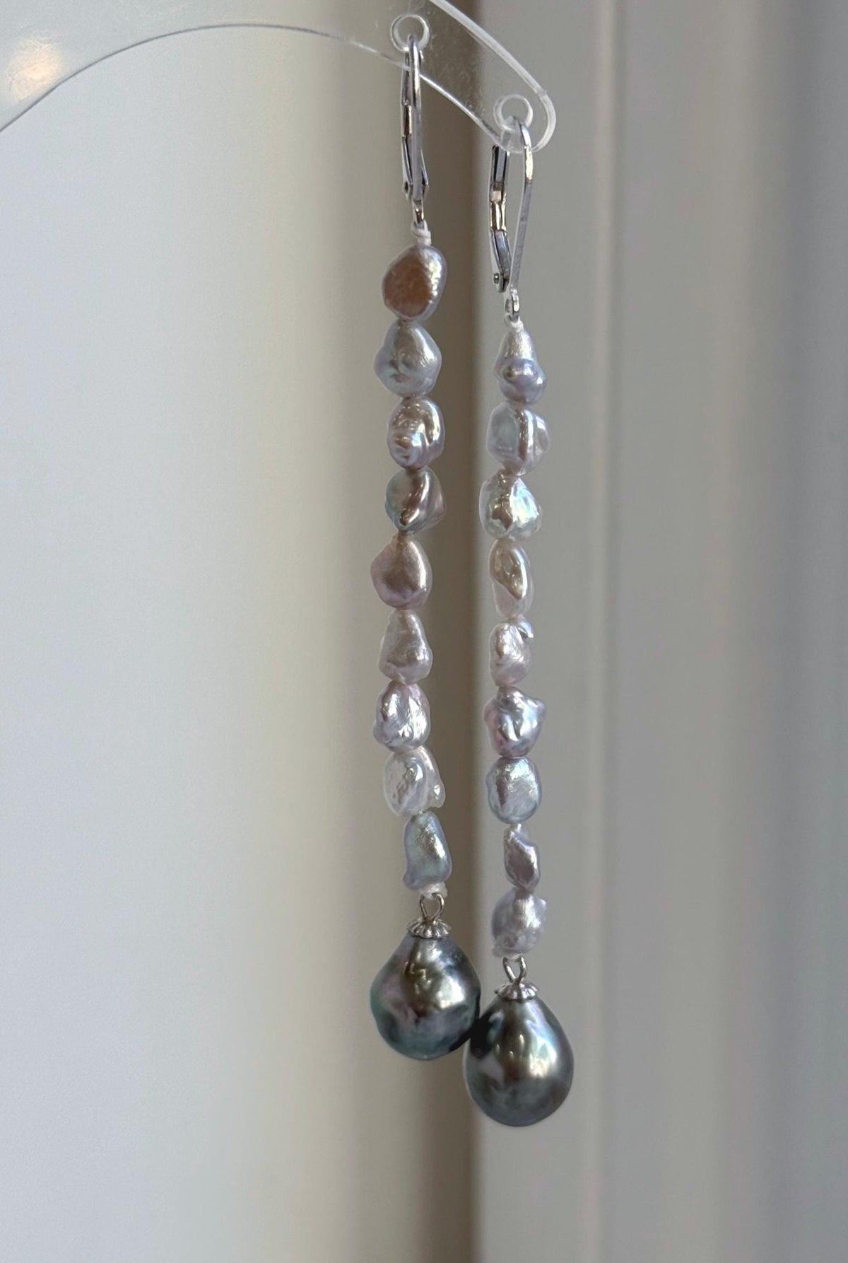 Green Tahitian pearl chandelier earrings with S925 sterling silver leverback closures.