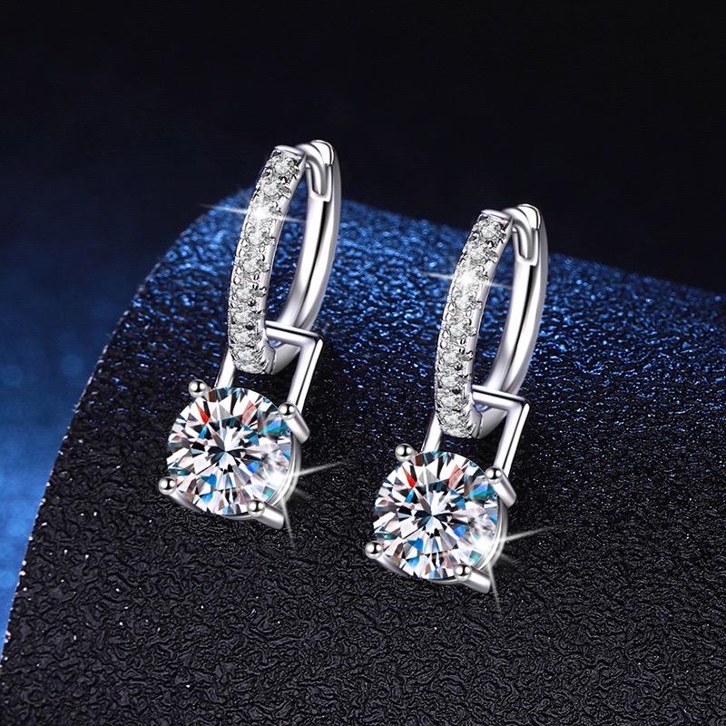 S925 sterling silver moissanite drop hoop earrings with round brilliant center stones