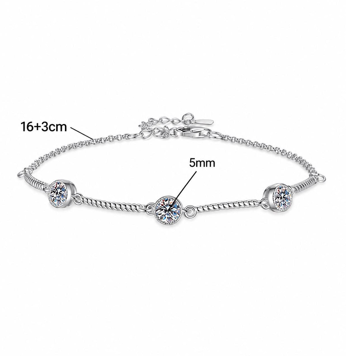 Three-stone moissanite bracelet with silver chain and adjustable clasp