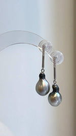 9.6mm Tahitian saltwater pearl earrings with long silver bar drops