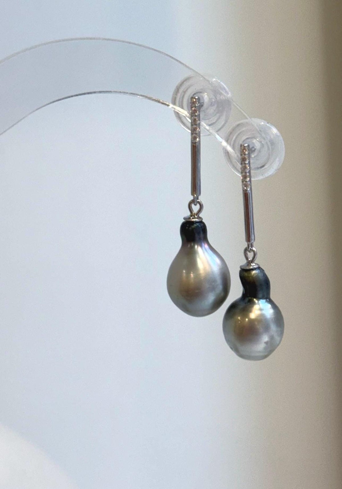 Long sterling silver bar earrings with genuine Tahitian saltwater pearls
