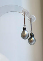 Long sterling silver bar earrings with genuine Tahitian saltwater pearls