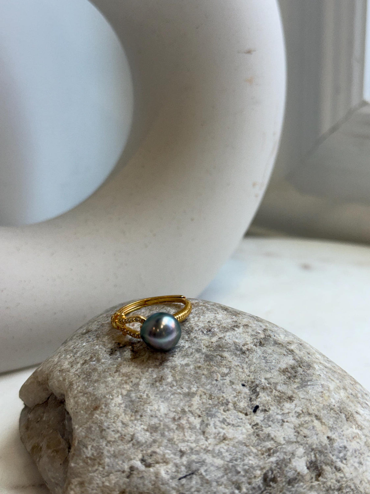 Genuine saltwater pearl ring with a textured gold-plated band