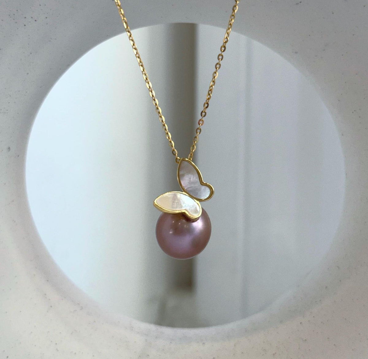12.2mm rose lavender Edison pearl butterfly pendant necklace in S925 sterling silver.