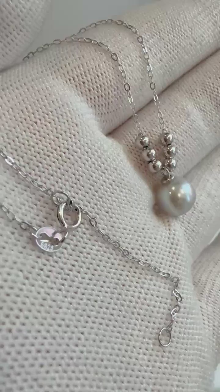 Elly’s 8.3mm Extreme luster Akoya silver blue Ocean Pearl s925 silver beads pendant Necklace chain set.