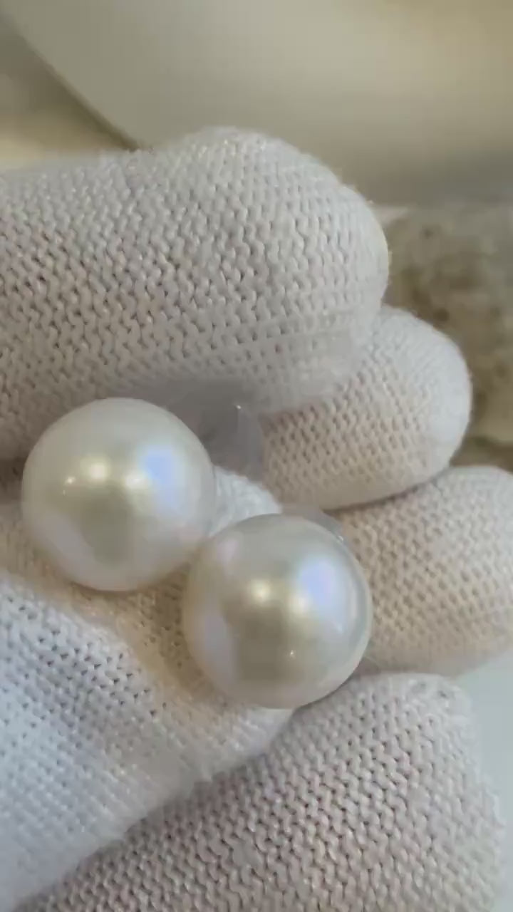 Elly’s 10.5mm White Edison Pearls Earrings Studs: Extreme luster Mirrored, S925 silver minimalist earrings studs.