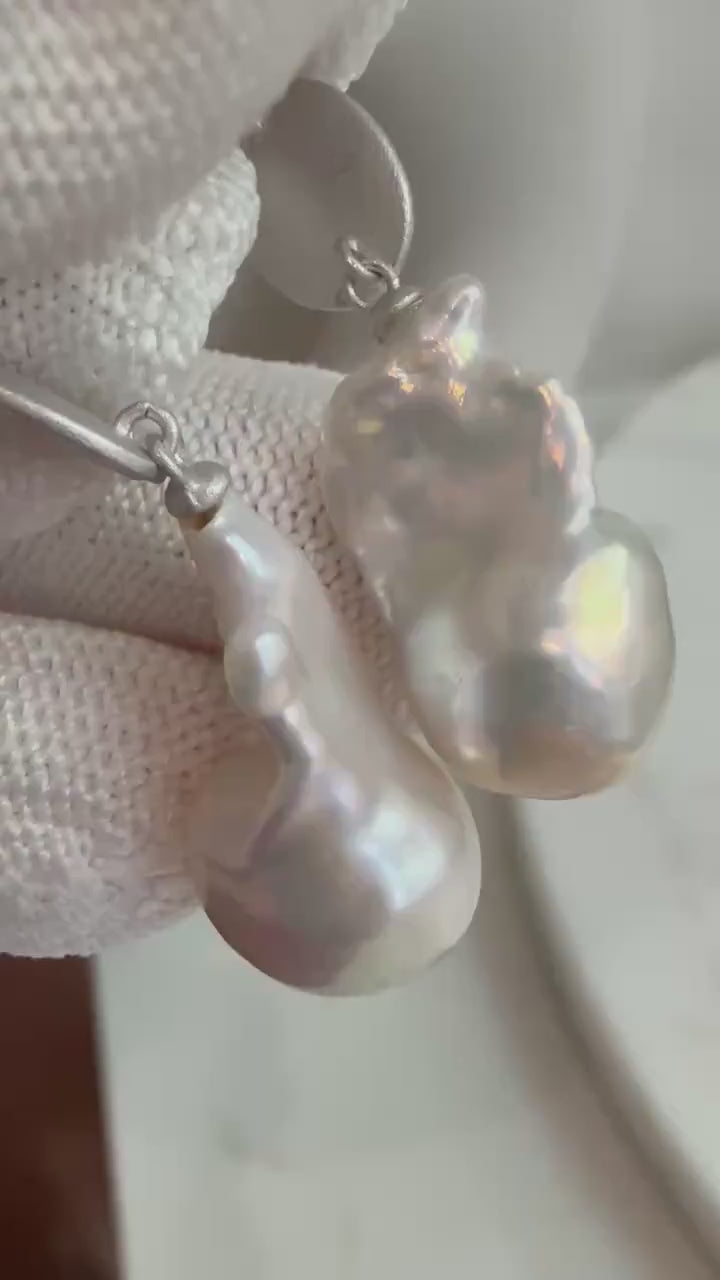 Elly’s Strong luster fireball white iridescent pink hue baroque Pearls stylish S925 silver earrings gift for her birthday. To 17mm