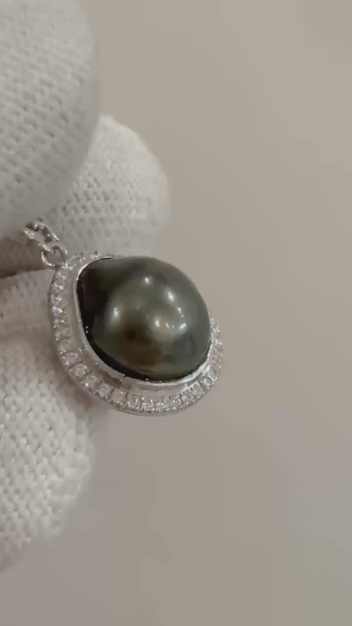 Rare genius Tahitian  Keshi black green blue chocolate Pearl pendant silver chain minimalist elegant Necklace unique gift for her. 10.8mm.