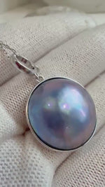 Elly’s 20.7mm Purple blue iridescent Ocean Round Mabe Pearl Pendant: Extreme luster, S925 Silver base pendant Necklace Set.