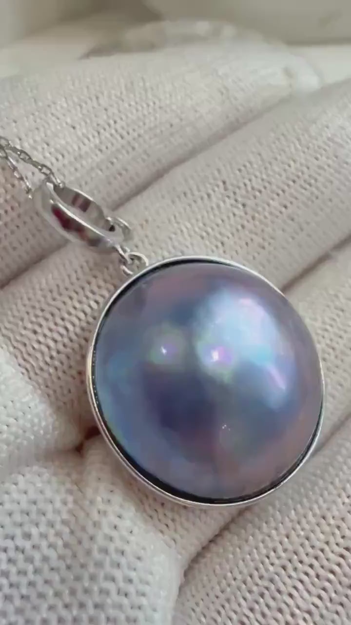 Elly’s 20.7mm Purple blue iridescent Ocean Round Mabe Pearl Pendant: Extreme luster, S925 Silver base pendant Necklace Set.