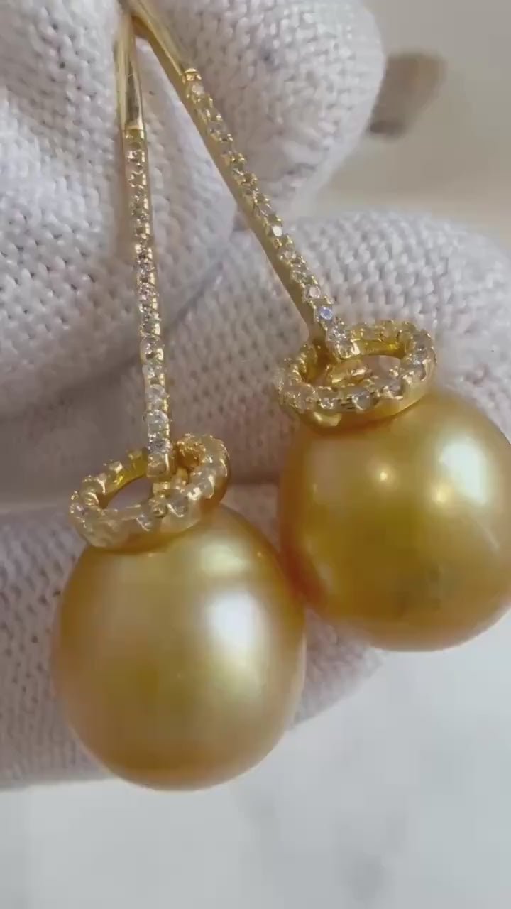 Elly’s 10.9mm Genius South sea deep gold ocean Pearls Earrings hooks: Extreme luster, 3.7cm high, S925 silver earrings hooks.