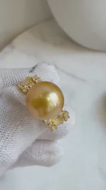 Elly’s 10.3mm South sea deep golden ocean pearl Ring: Extreme luster mirrored, S925 silver with gold plated adjustable Vintage Ring.