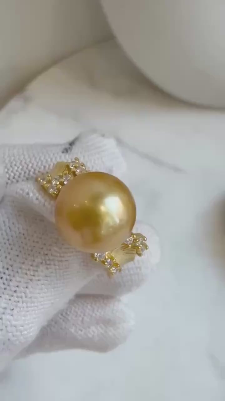 Elly’s 10.3mm South sea deep golden ocean pearl Ring: Extreme luster mirrored, S925 silver with gold plated adjustable Vintage Ring.