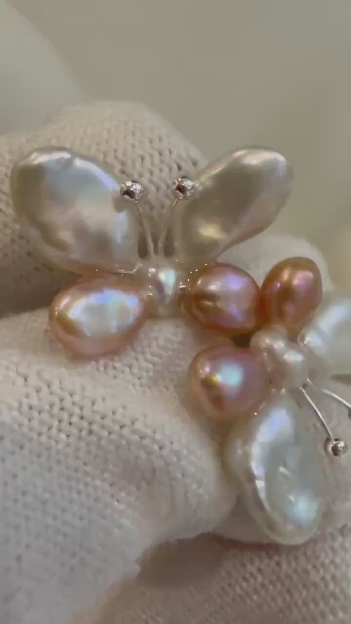 Not for seperate purchase. Keshi Pearls Cute Butterfly Earrings Studs:Strong luster, White Rose pearls, 1.4x2cm, S925 silver earrings studs.