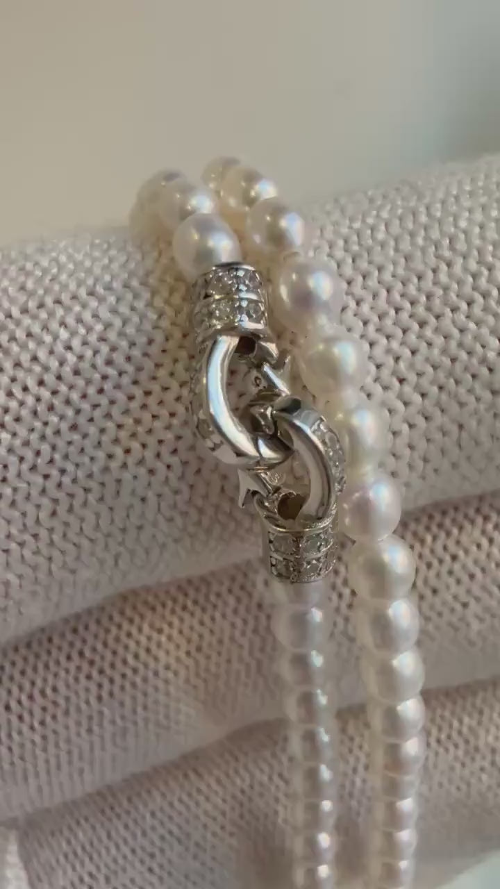 Elly‘s 3.1mm+ Freshwater cold white pearls necklace: Extreme luster mirrored, s925 silver 17.9” necklace. Pearl jewelry idea