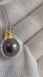 Elly’s 10.7mm Tahitian ocean pendant: Extreme luster mirrored, platinum green brown  pearl, 2.5cm high, S925 silver castle pendant set.