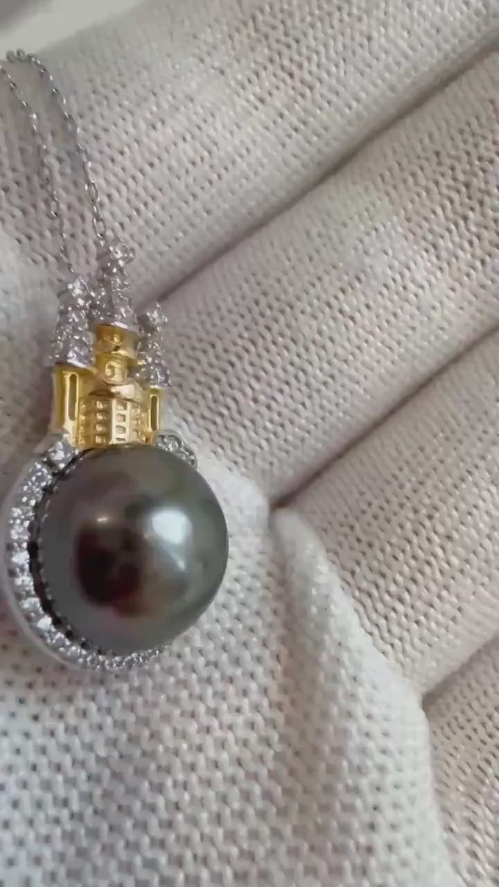 Elly’s 10.7mm Tahitian ocean pendant: Extreme luster mirrored, platinum green brown  pearl, 2.5cm high, S925 silver castle pendant set.