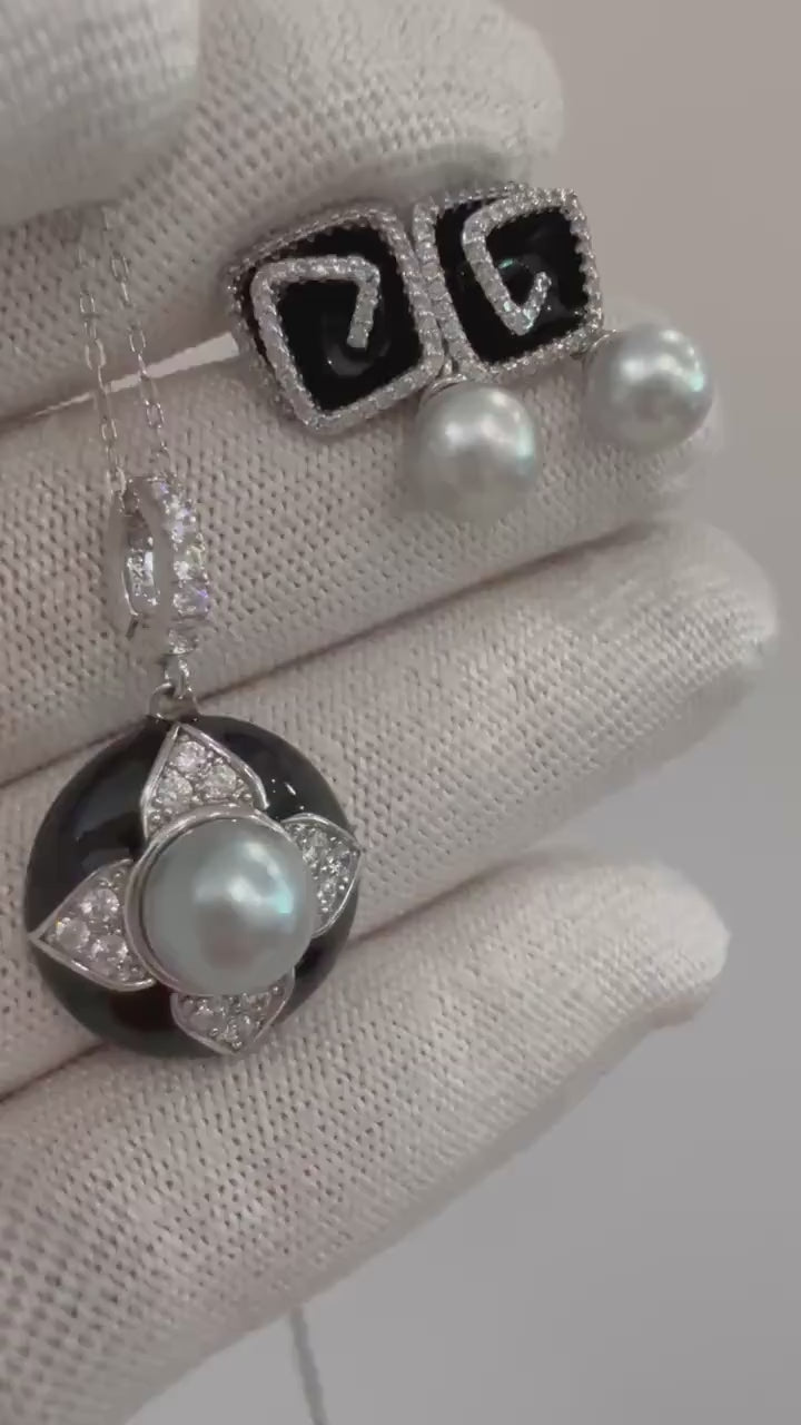 Elly’s Insale Akoya Strong luster Silver Blue Pearls S925 silver Vintage earrings Necklace Set unique cool gift for her wedding. 7.4mm+