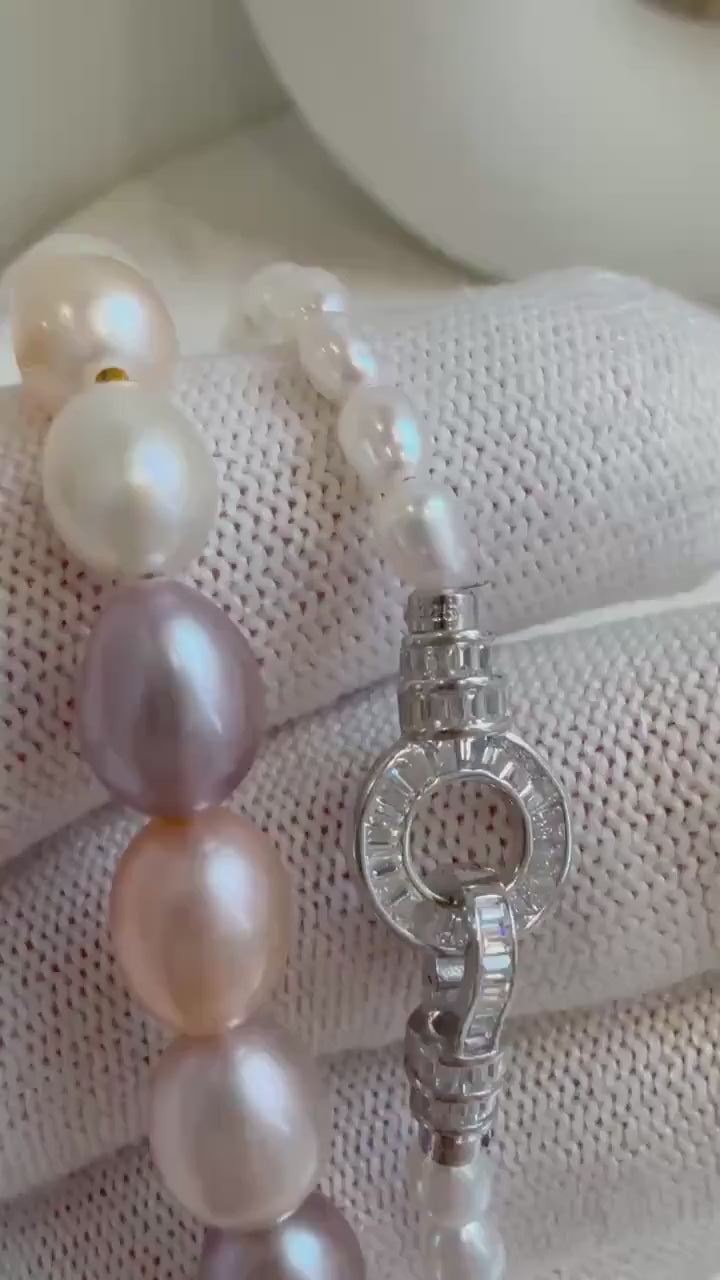 Elly’s Metallic rainbow white Pearls Necklace Strand: 3.8-7.8mm, 18.8”, S925 silver necklace.