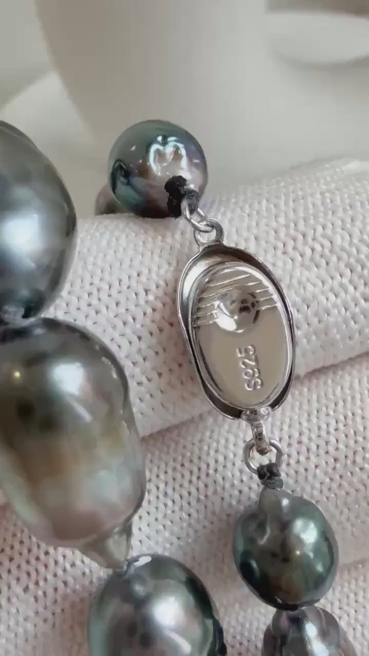 Elly’s 7.8-10.2mm 36pcs Tahitian Ocean pearls necklace: Extreme luster, Hand knotted, 18.3”, S925 silver necklace strand, gift for her