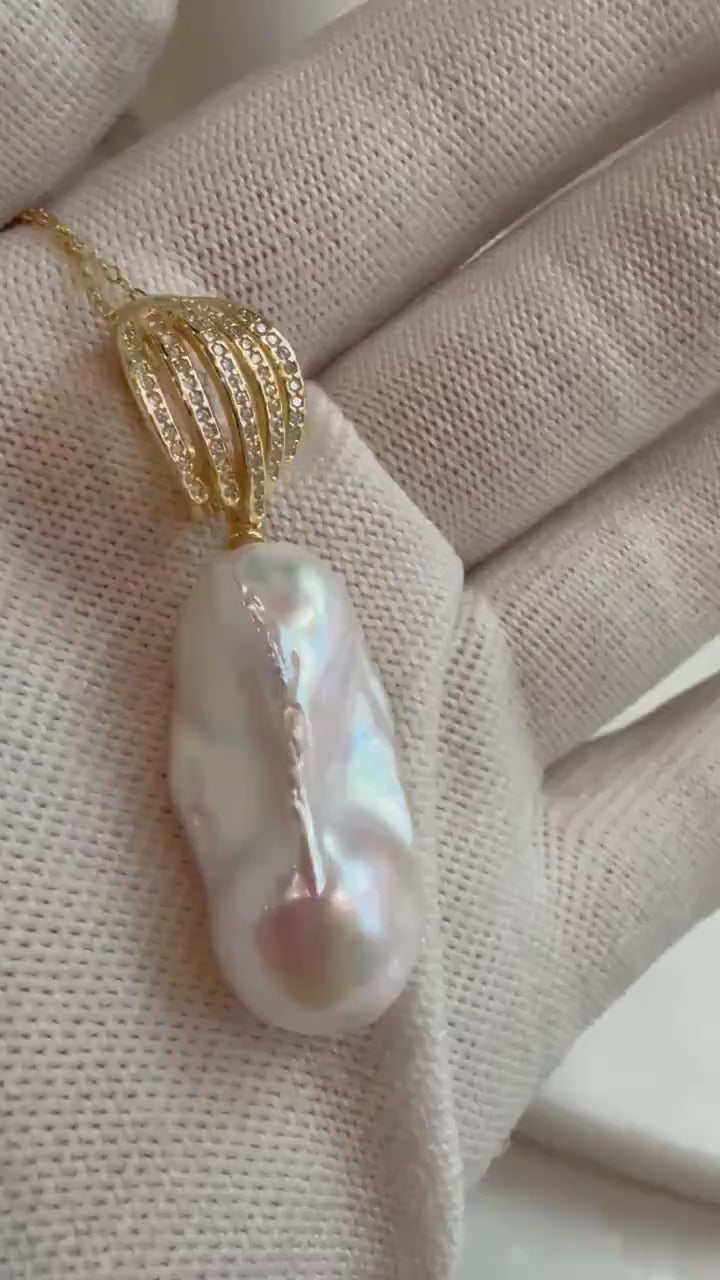 DDP 15x30mm InSale Extreme luster white iridescent smooth Baroque Pearl s925 silver vintage pendant silver chain Necklace gift for her.
