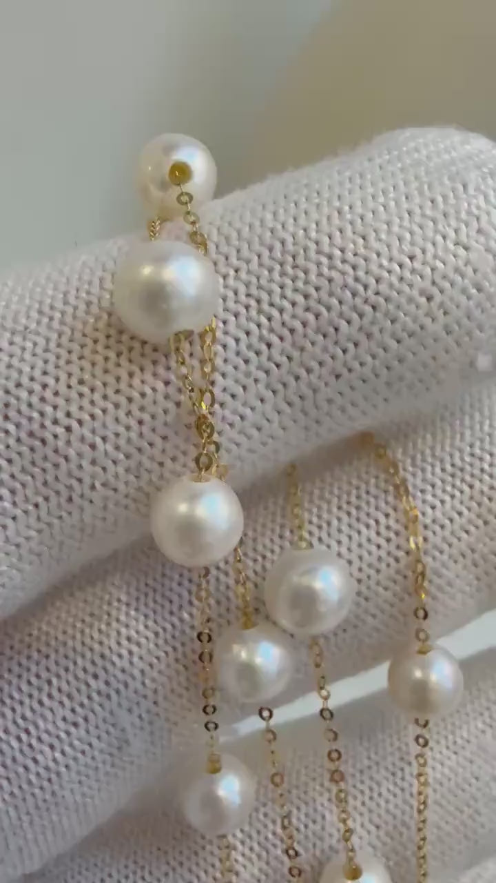 Elly’s 17pcs white Pearls Satellite Necklace: 5.4-6mm, 17.5”. S925 silver necklace set. Pearl jewelry idea.