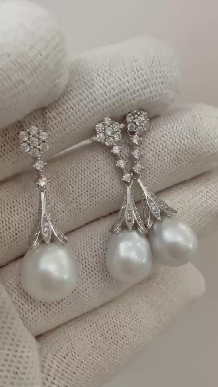 3pcs Set Australian Ocean Strong luster Cold White Pearls S925 silver Vintage earrings Necklace Set unique cool gift for her wedding. 9.6mm+