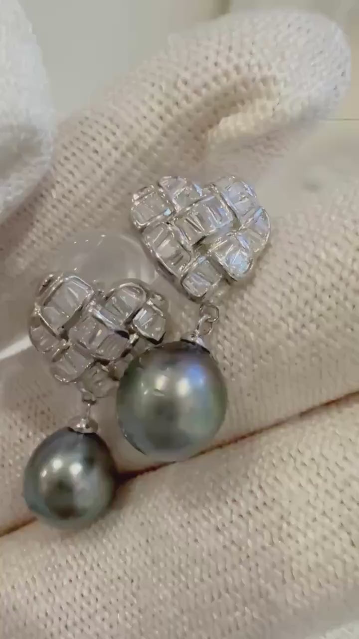 Elly’s 8.7mm Tahitian peacock green ocean Pearls Heart Earrings: Extreme luster mirrored, 2.5cm high, S925 silver Fancy earrings.